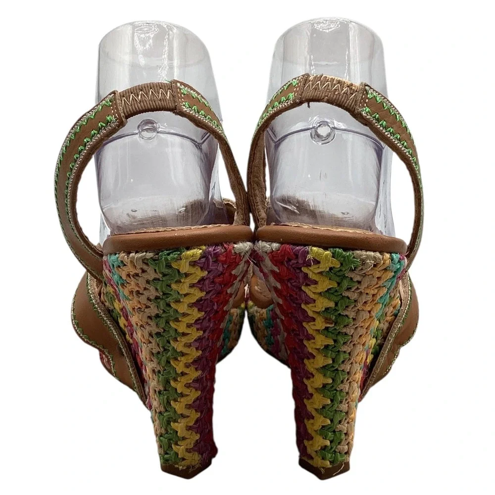 Naughty Monkey Women Tan Leather Woven Straw Platform‎ Wedge Sandals Multi-Color